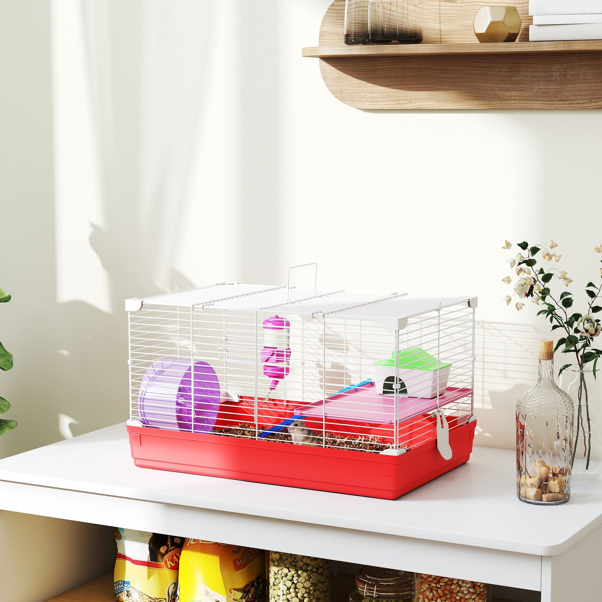Cage hamster, cage rongeur à 2 niveaux, base amovible nettoyage facile, cabane, roue d'exercice, 47 x 30 x 27 cm, blanc