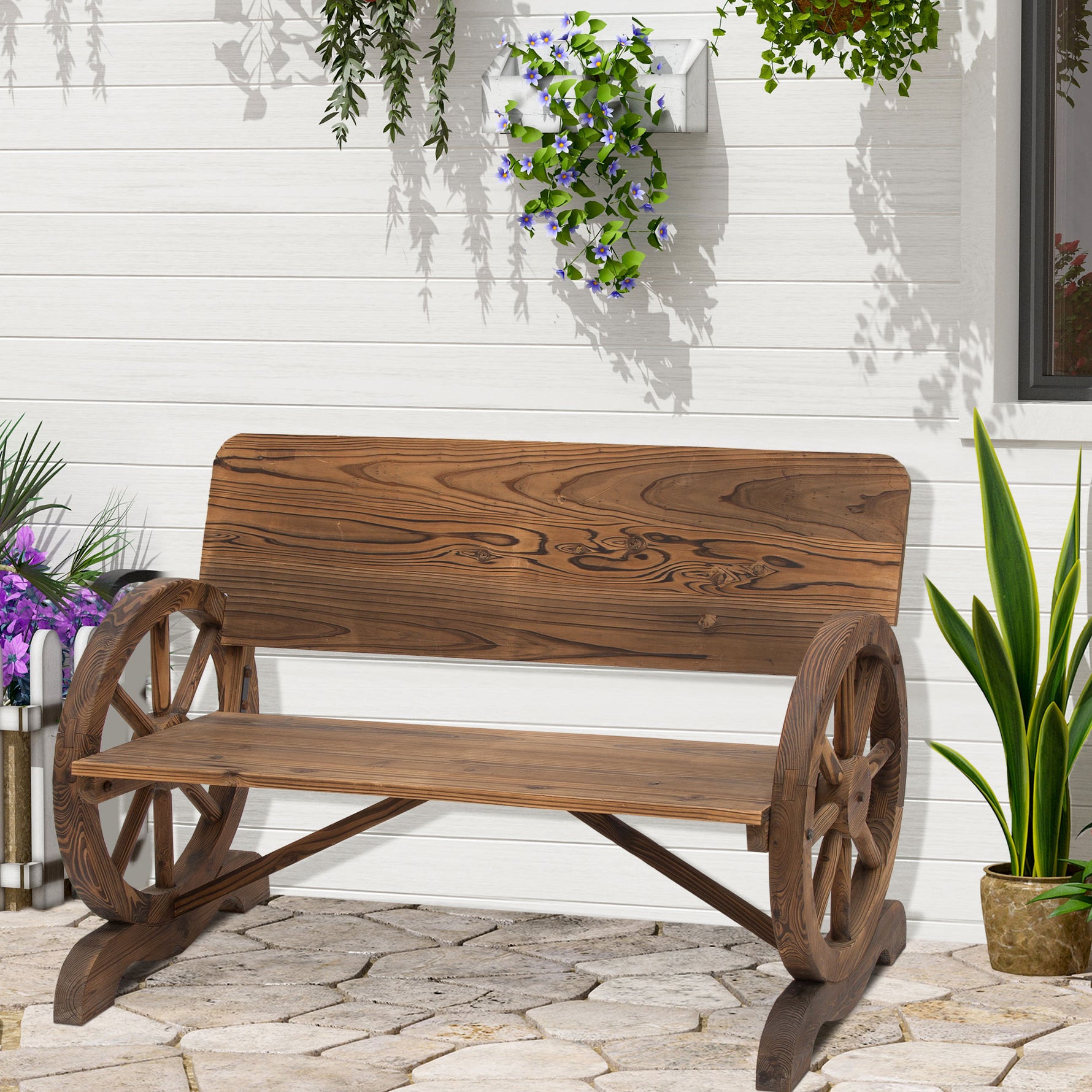 Banc de Jardin 3 Places Style Rustique Chic accoudoirs Roues de Charette Bois Sapin traité carbonisation