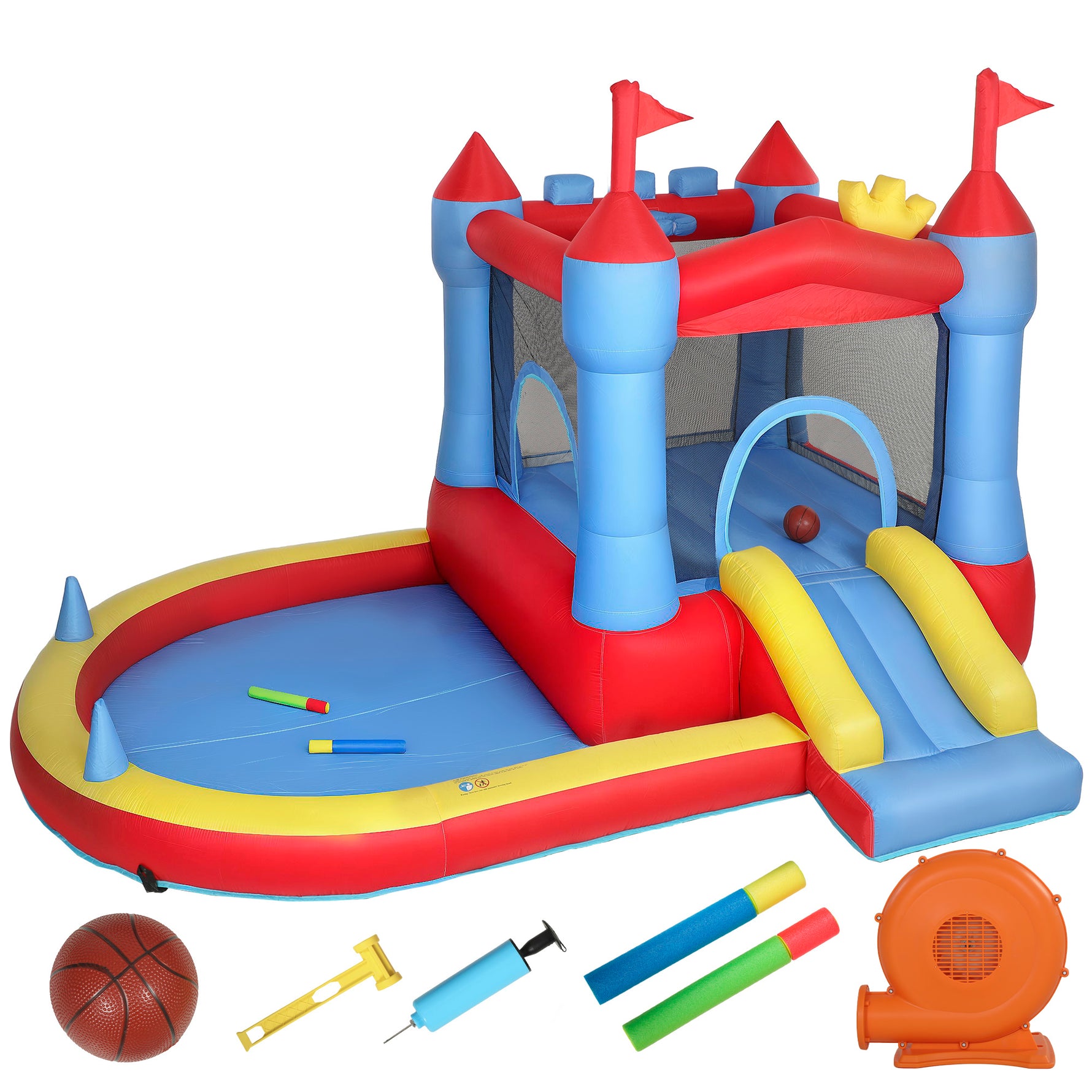Château gonflable avec souffleur, aire de jeux gonflable avec toboggans, trampoline, piscine à balles, multicolore