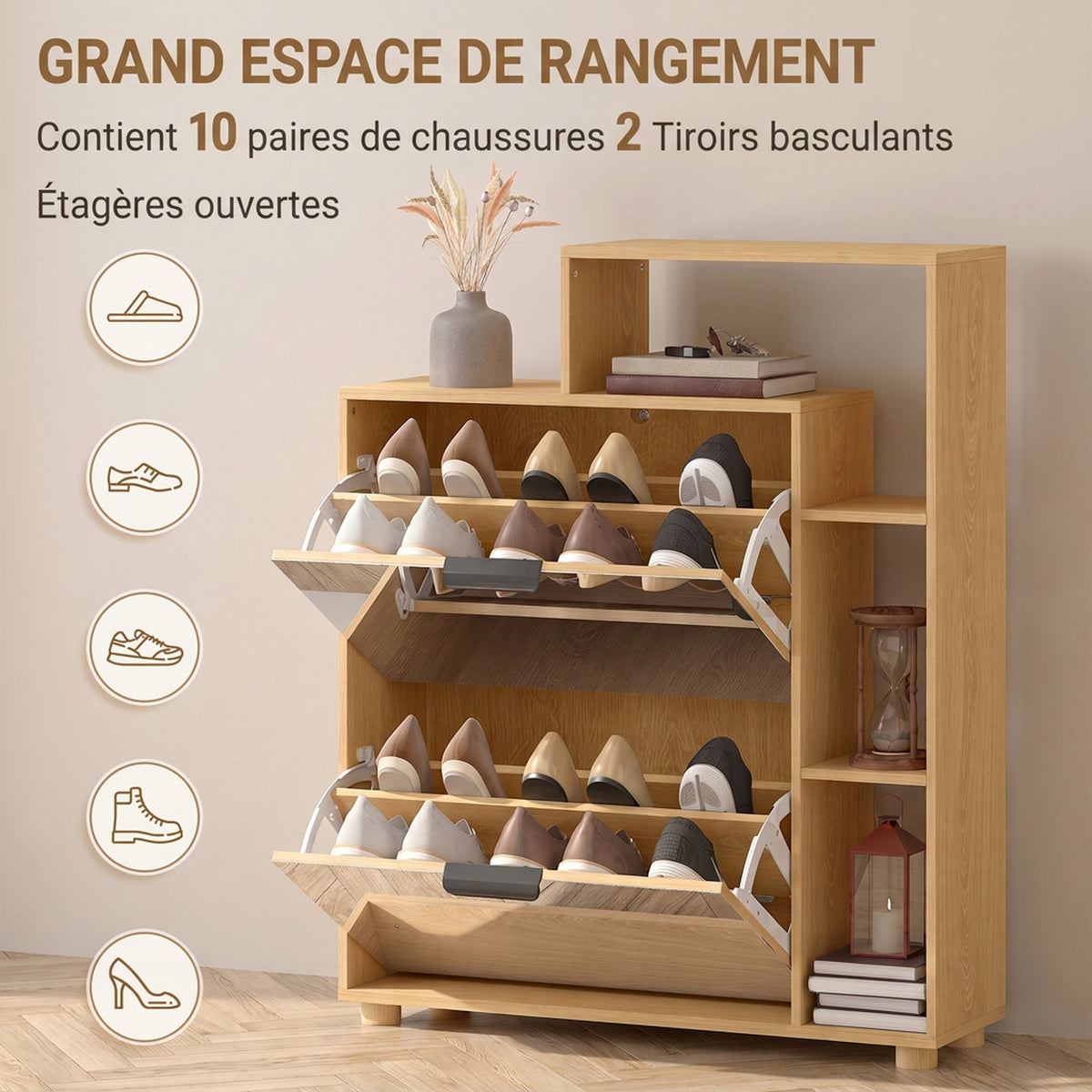 Scarpiera 10 Paia, Armadio per Scarpe, Ante a Specchio, 2 Cassetti e Scomparti Aperti, Rovere