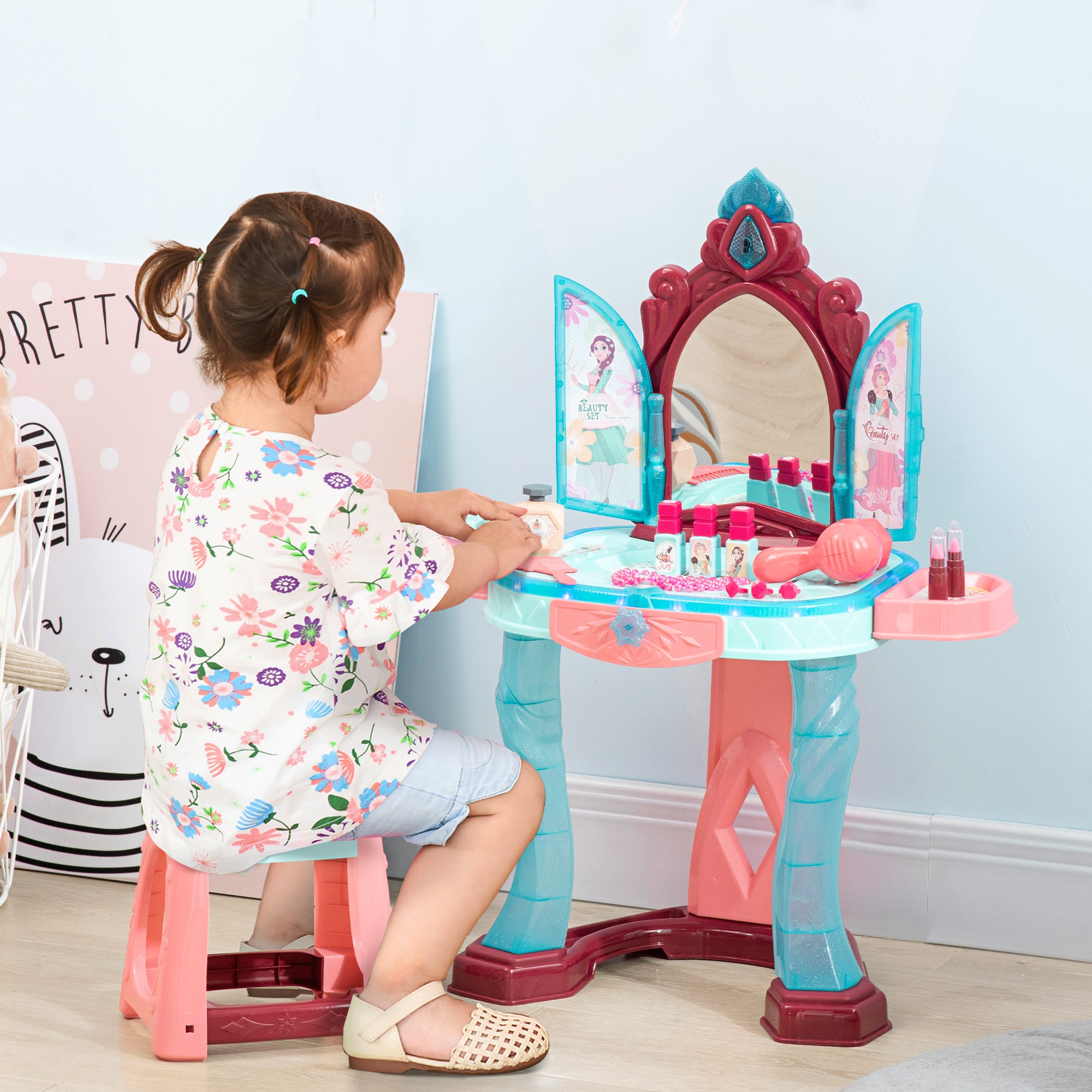 Coiffeuse Enfant Fille avec Miroir Magique, Musique, Plateaux, Tiroir et Accessoires, 3-6 Ans, 57x34x76cm, Multicolore