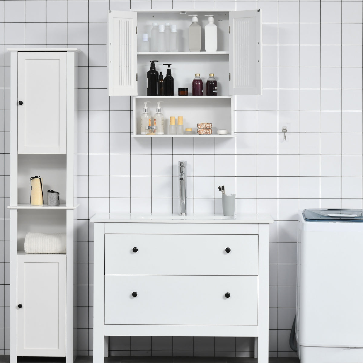 Wandschrank, Badezimmermöbel mit verstellbarem Einlegeboden, Doppeltür und offenem Fach, 60 x 20 x 70 cm, weiß