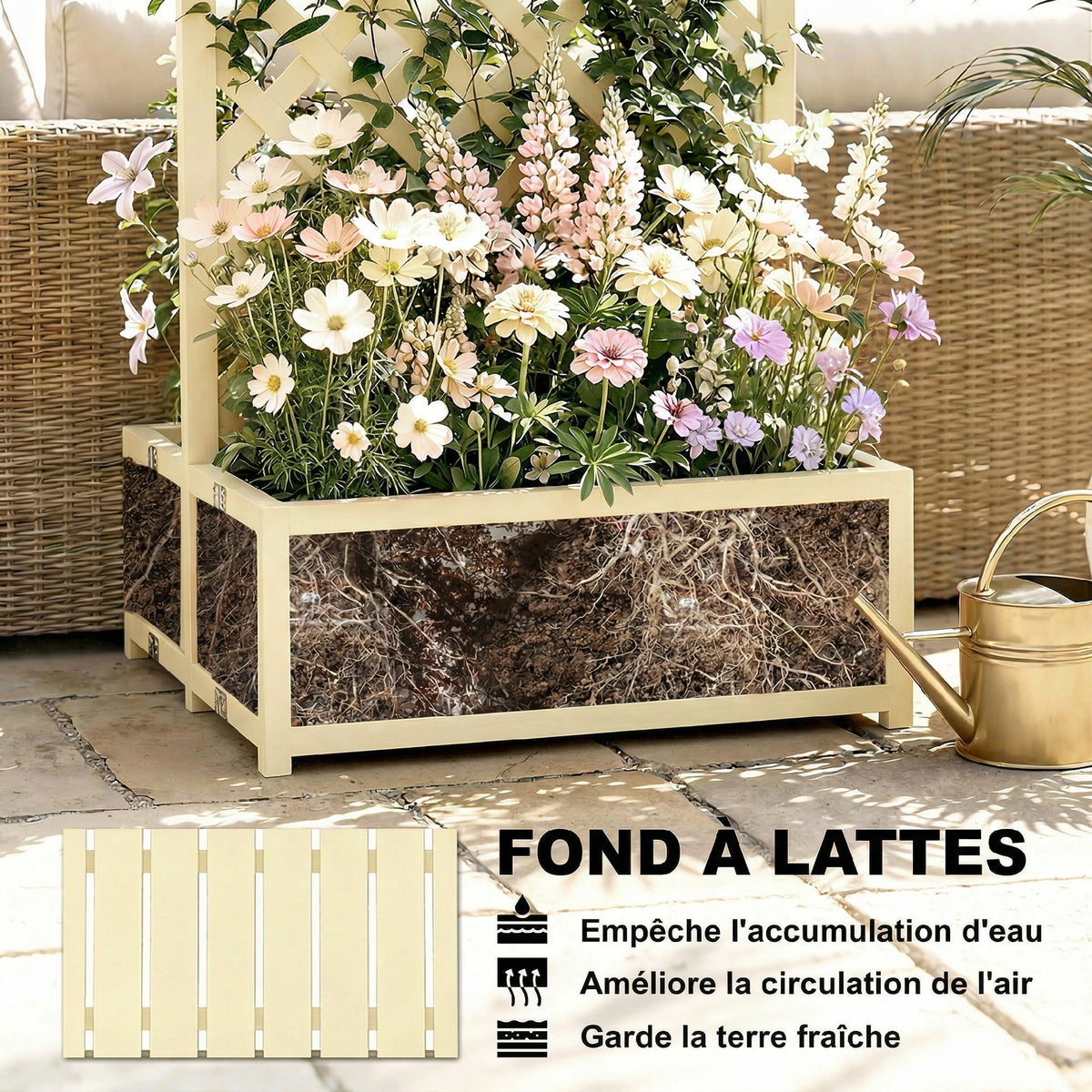 Jardinière avec Treillis Carré Potager Bois Pliable Double Bac à Fleurs pour Plantes Grimpantes 73 x 70 x 170 cm Naturel