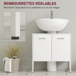 Meuble sous lavabo, meuble de salle de bain avec 2 portes à fermeture douce et étagère réglable, blanc