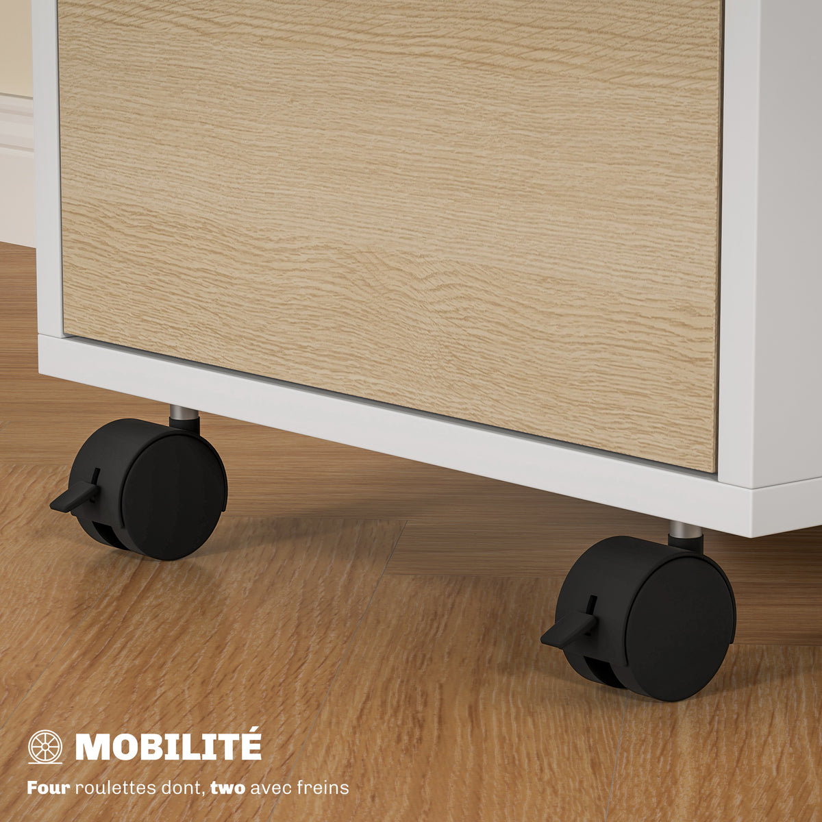 Cassettiera da ufficio con ruote a 3 cassetti e serratura, mobile contenitore da ufficio su ruote, 40 x 40 x 63,5 cm, rovere
