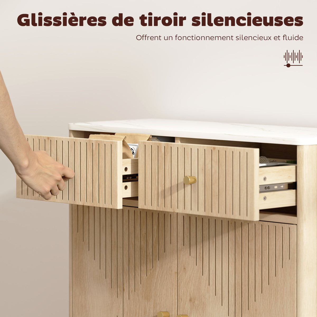 Buffet, meuble de rangement cannelé avec plateau effet marbre, 2 tiroirs, 2 portes, étagère réglable, 77x30x80cm, chêne
