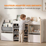 Meuble de rangement jouets enfant avec bibliothèque, 8 bacs en tissu, 2 tiroirs à roulettes et étagères ouvertes, blanc
