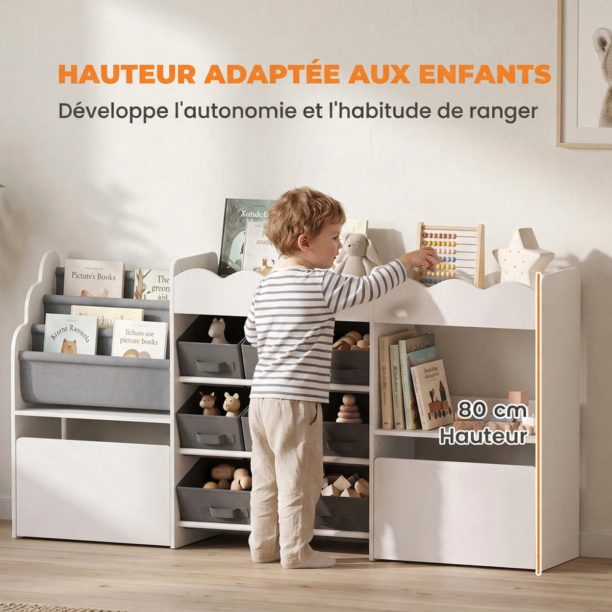 Meuble de rangement jouets enfant avec bibliothèque, 8 bacs en tissu, 2 tiroirs à roulettes et étagères ouvertes, blanc