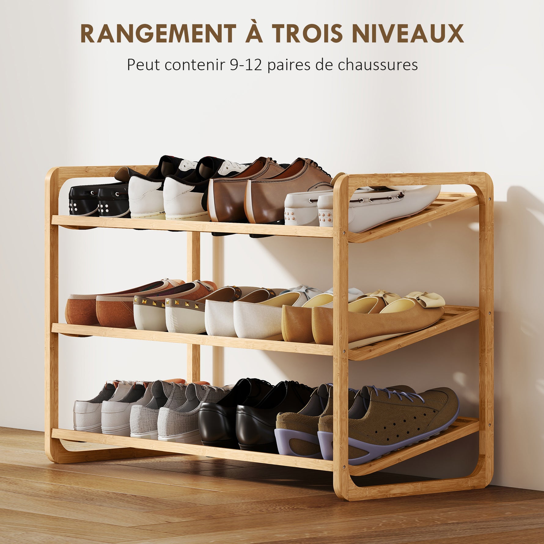 Étagère à chaussures en bambou à 3 niveaux, porte-chaussures capacité 12 paires, 76x33x50,8cm, bois naturel