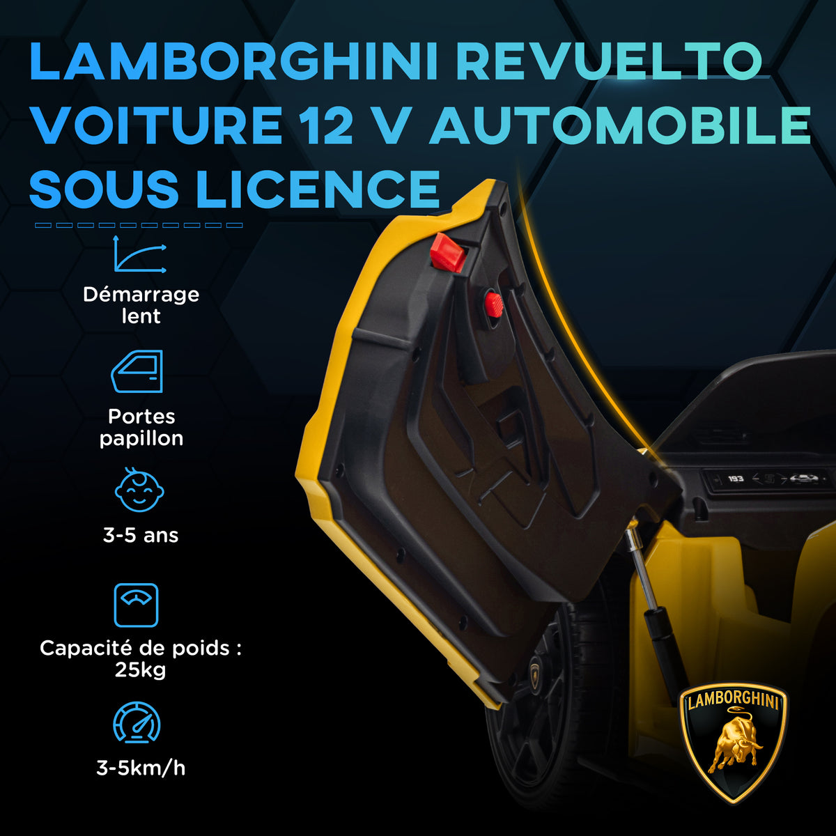 Voiture électrique 12V sous licence Lamborghini Revue véhicule électrique télécommande vitesse 3-5 km/h 3-5 ans jaune