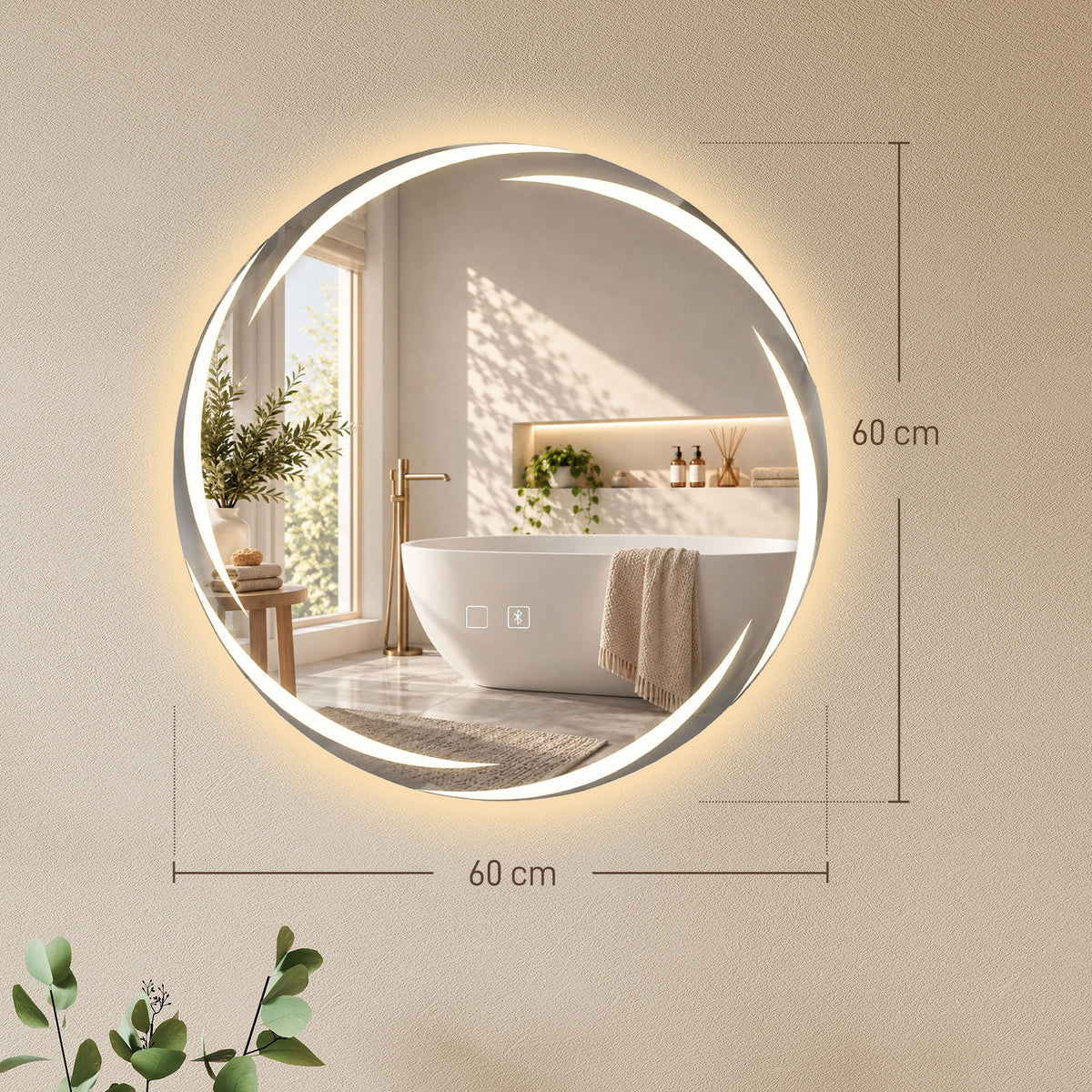 Espejo de baño redondo Ø 60 cm con LED delanteros y traseros, antivaho, altavoz Bluetooth, intensidad regulable