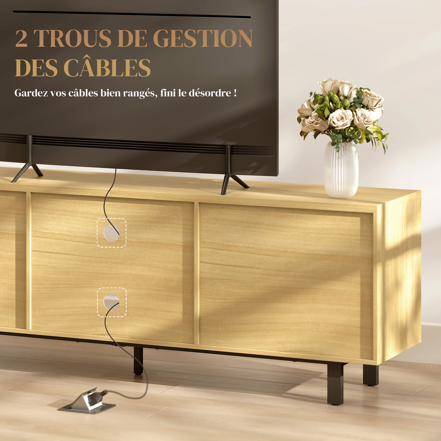 Meuble TV, meuble télé jusqu'à 65 pouces, 2 portes à ouverture par pression et 2 étagères, 160x35x55,5cm, bois naturel