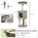 Arbre à chat griffoirs grattoirs sisal naturel arbre à grimper niche plate-forme en peluche hauteur 103 cm gris