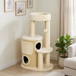 Arbre à Chat Multi-Niveaux avec Tonneau, Double Niche, Lit, Plateforme, Poteaux à Griffer en Sisal, 55x39x90cm, Beige