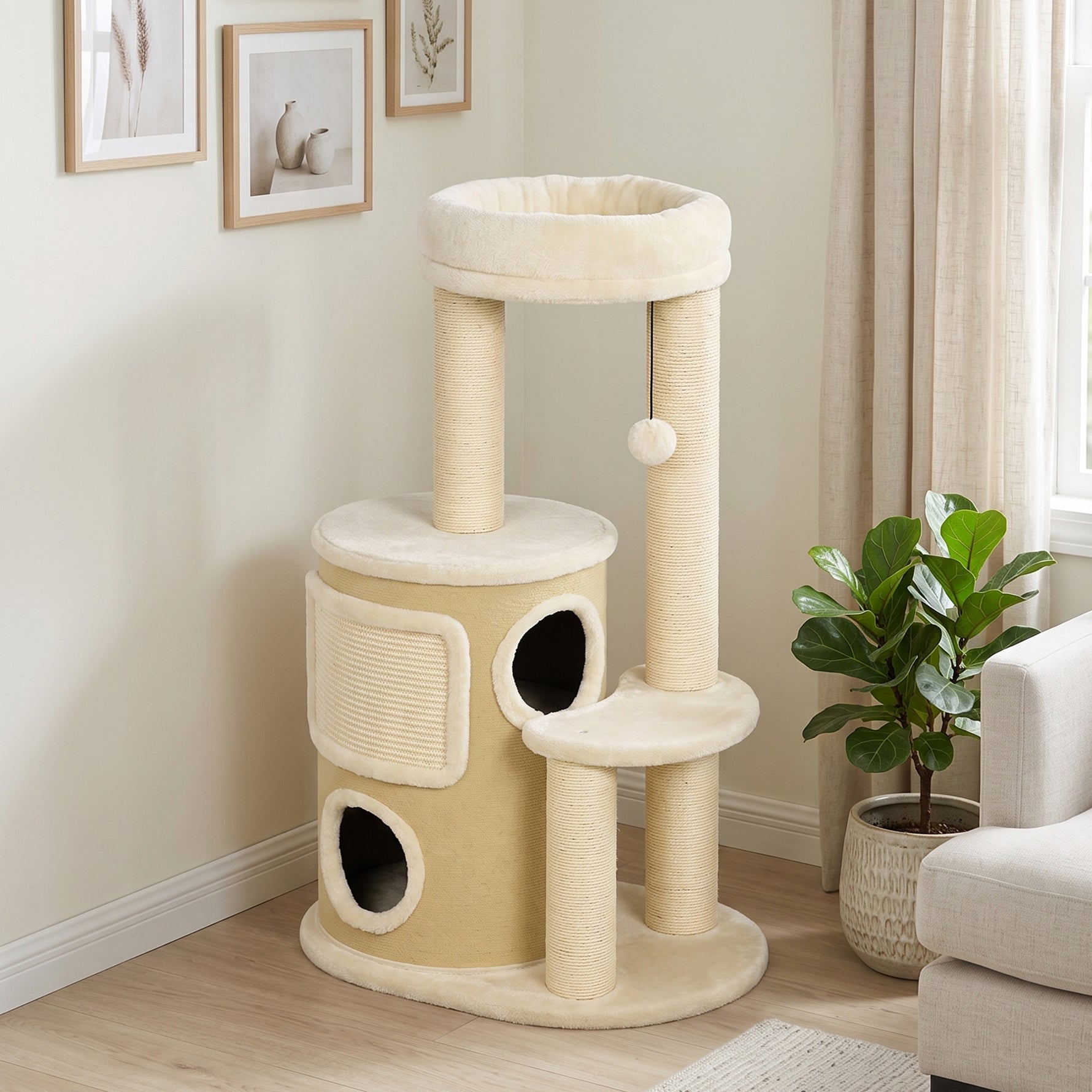 Arbre à Chat Multi-Niveaux avec Tonneau, Double Niche, Lit, Plateforme, Poteaux à Griffer en Sisal, 55x39x90cm, Beige