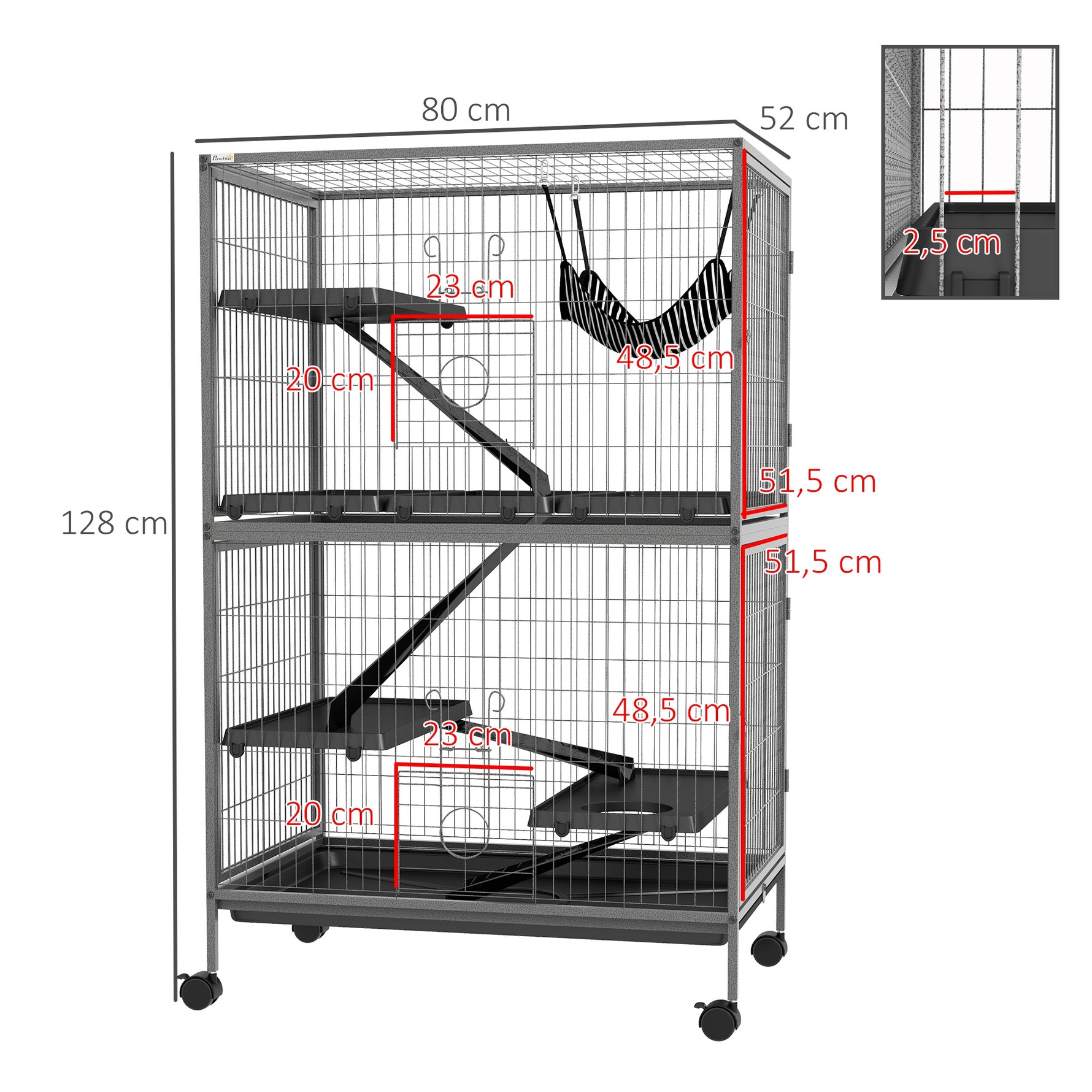 Cage pour rongeurs Multifonction 4 Plateformes 3 rampes 4 Portes dim. 80L x 52l x 128H cm acier Gris argenté Noir
