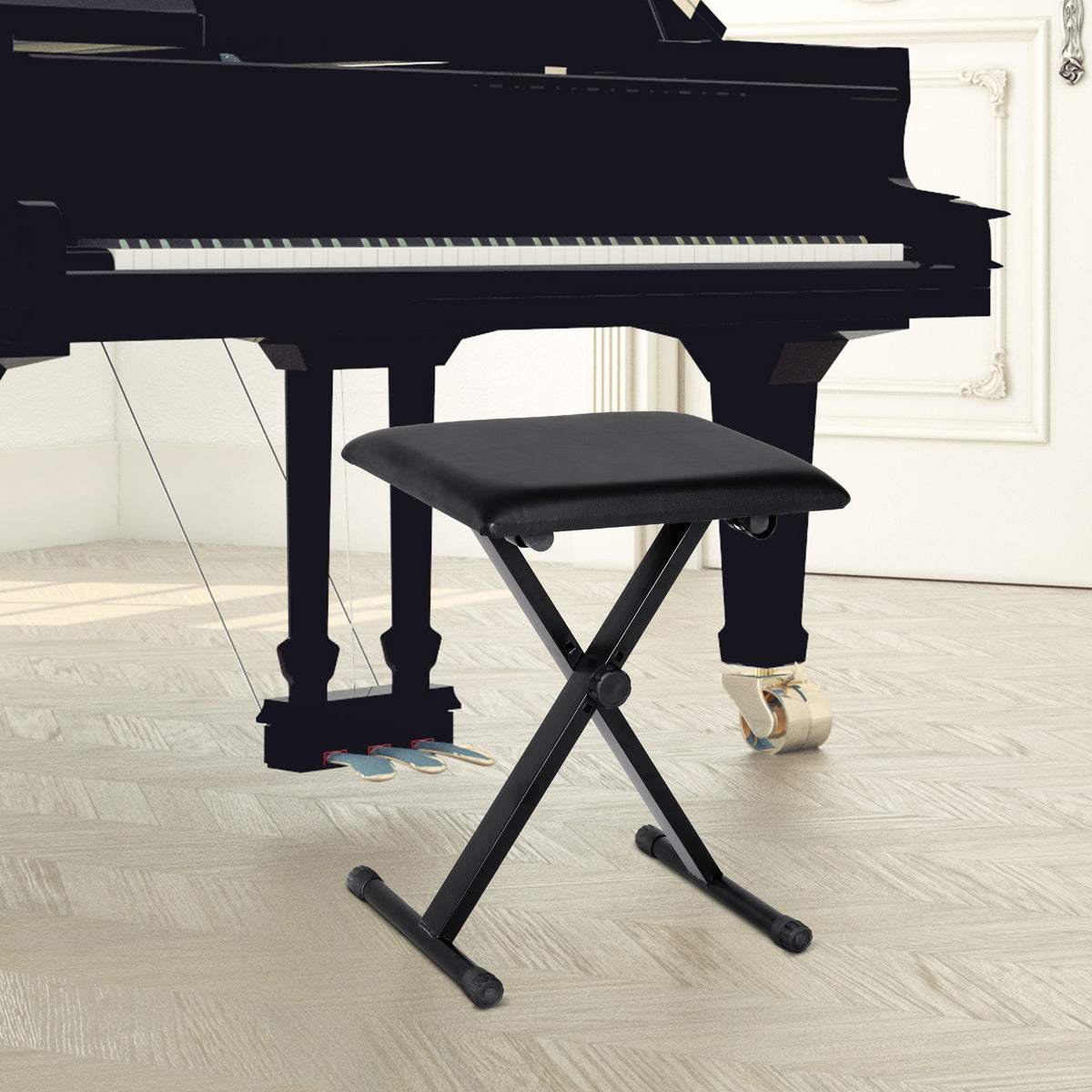 Klappbarer Klavierhocker, höhenverstellbare Klavierbank von 37 bis 47 cm, gepolsterter PU-Sitz und rutschfeste Metallbeine, 100 kg belastbar, schwarz