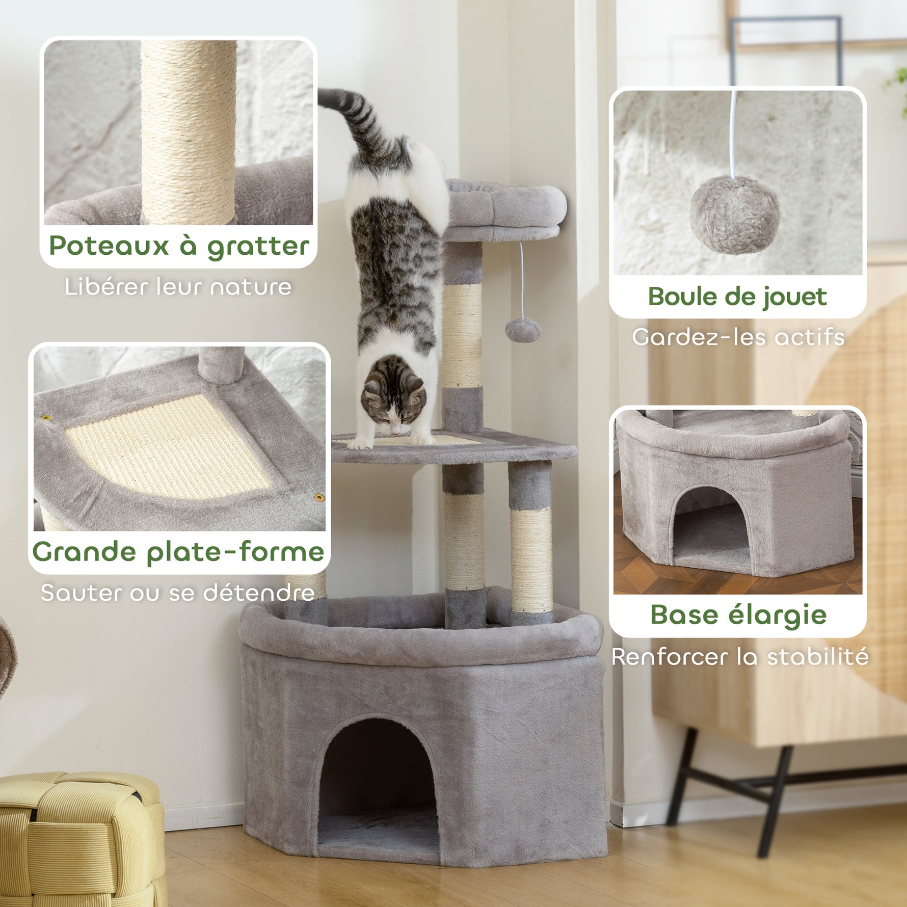Arbre à chat tour de jeux pour chats griffoirs sisal, plate-forme, niche, tissu peluche, balles, 49x49x114cm gris clair