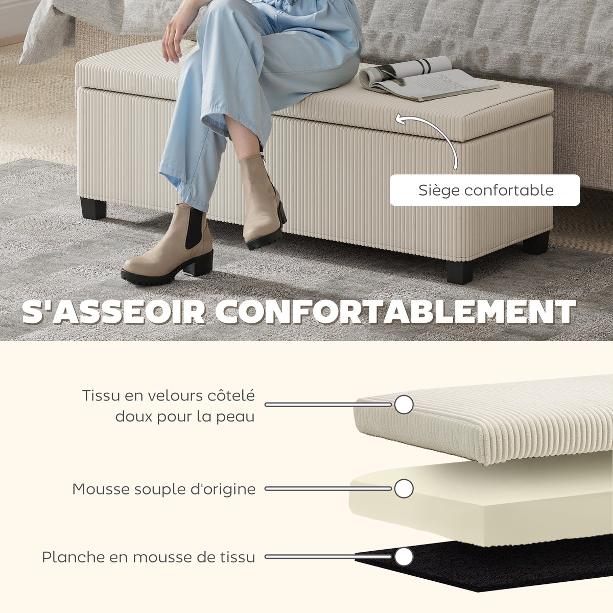 Banc de rangement bout de lit en velours côtelé avec couvercle, pour salon, chambre, entrée, 112 x 42 x 40 cm, beige