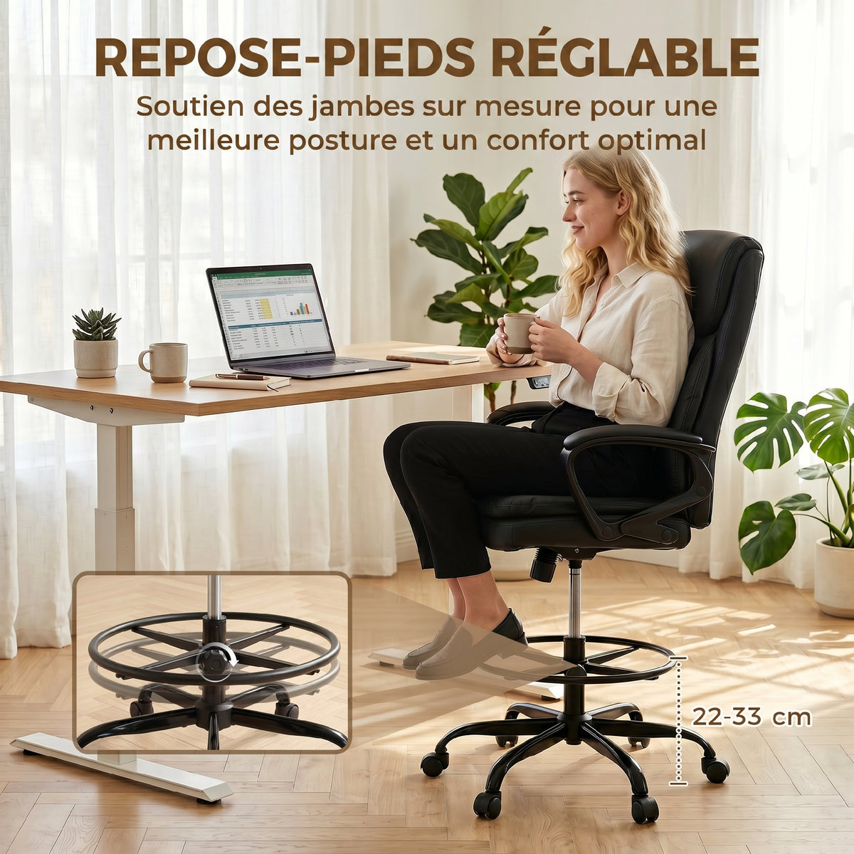 Chaise bureau ergonomique, chaise de dessin réglable en hauteur, repose-pieds réglable, 61 x 61 x 108 cm, noir