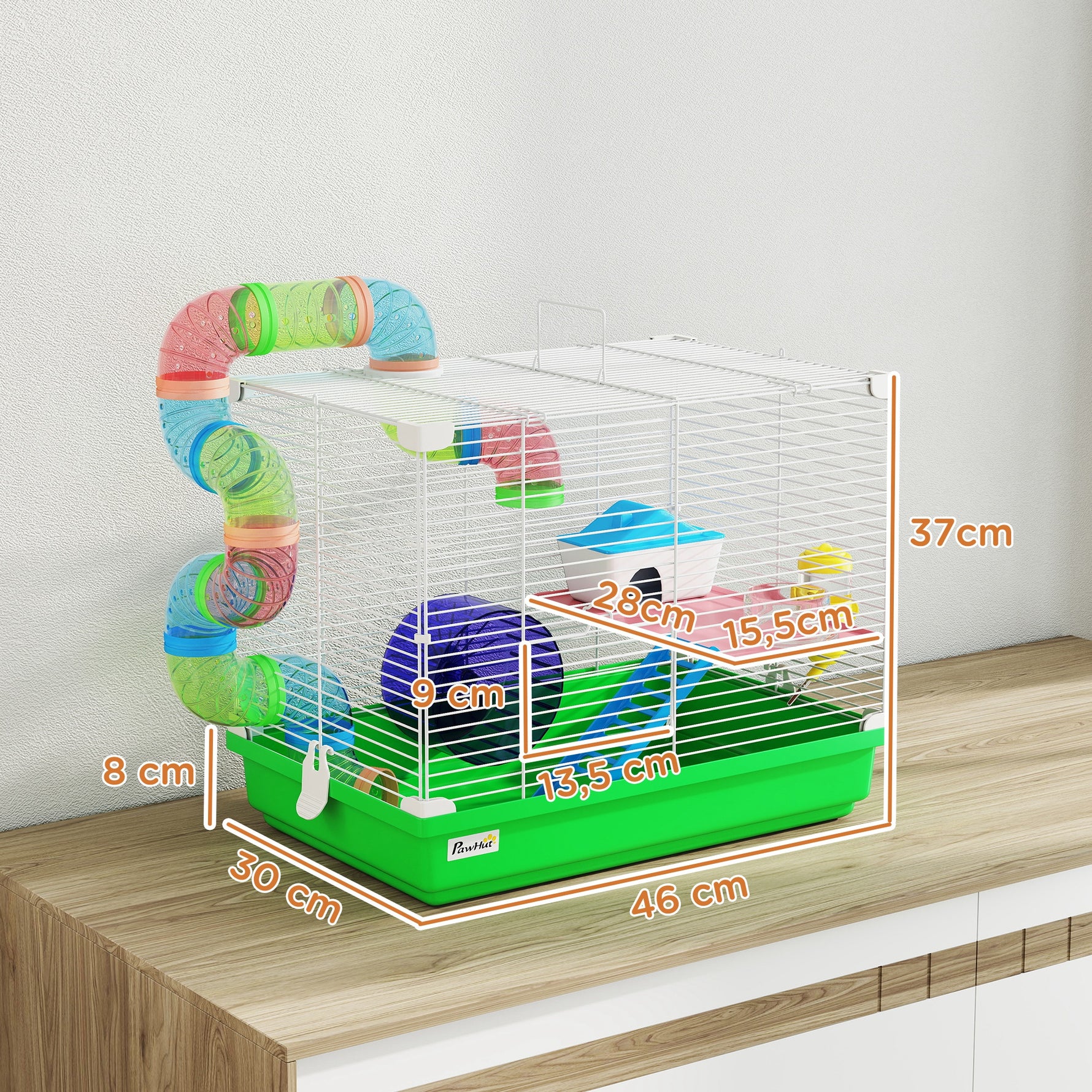 Cage à hamster rongeur 2 niveaux avec tunnel, biberon eau, roue, maisonnette, échelles 46 x 30 x 37 cm vert