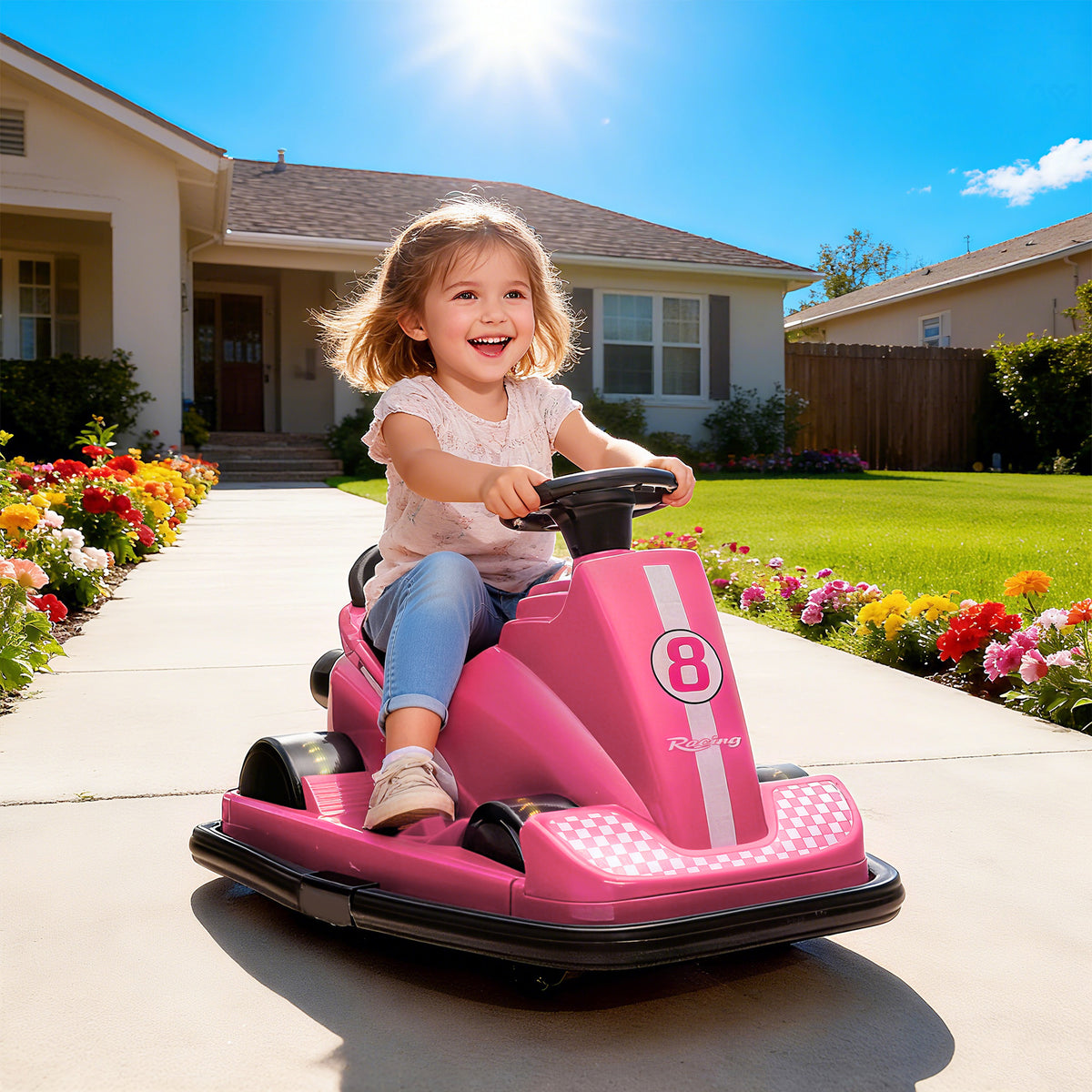 Elektrisches Autoscooter-Fahrzeug für Kinder 6V, 360°-Drehung, Musik, Hupe, Sanftanlauf, 2,5 km/h, für 3-8 Jahre, 74x53x48cm, Rosa