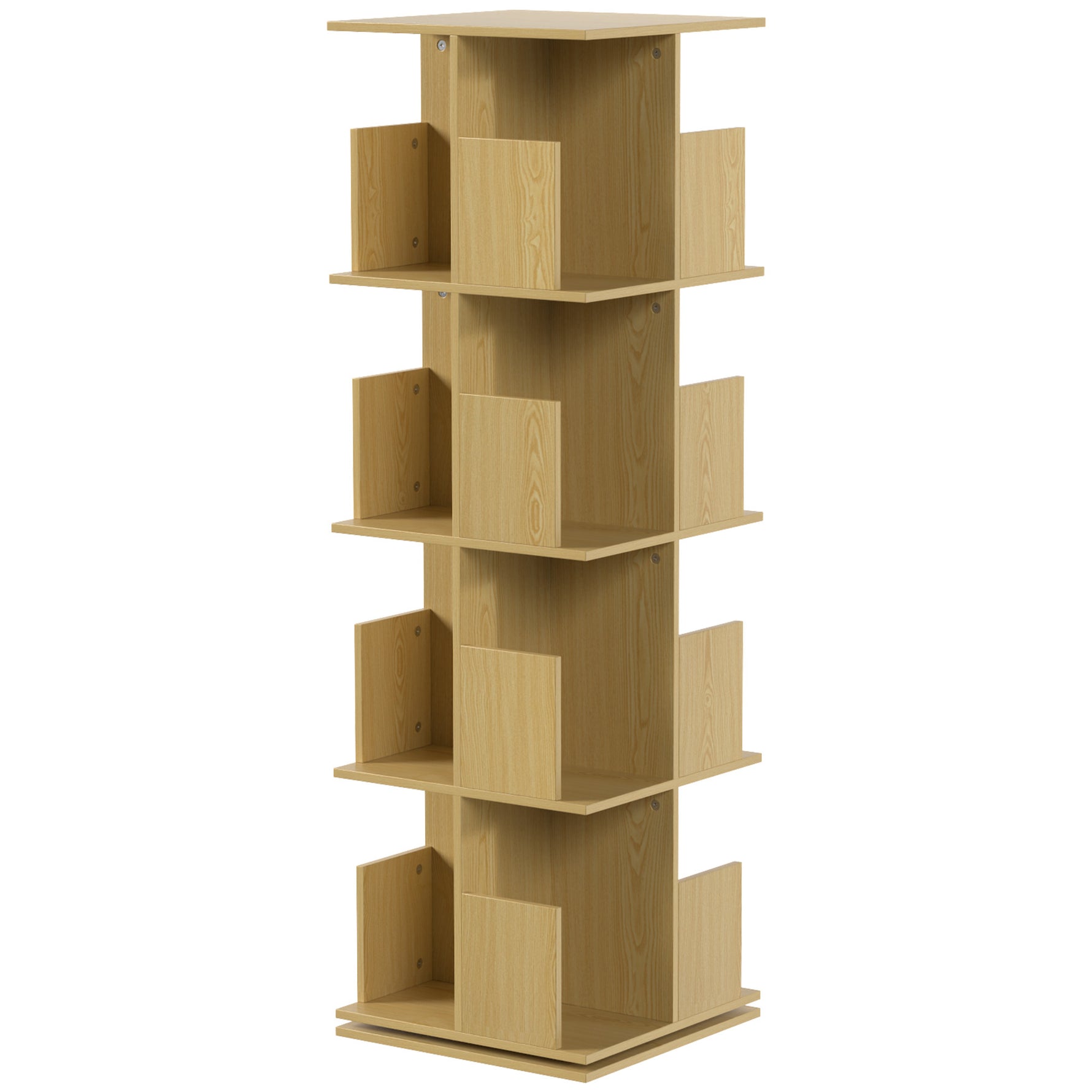 Bibliothèque Rotative à 4 Niveaux, Étagère Rangement avec 16 Compartiments, 39 x 39 x 128,3 cm, Chêne