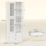 Buffet haut cuisine, armoire de cuisine avec portes vitrées, tiroirs et étagères réglables, 59x30x170cm, blanc brillant
