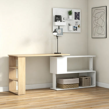 Bureau d'angle bureau informatique modulable bibliothèque intégrée + étagère 3 niveaux blanc et bois naturel
