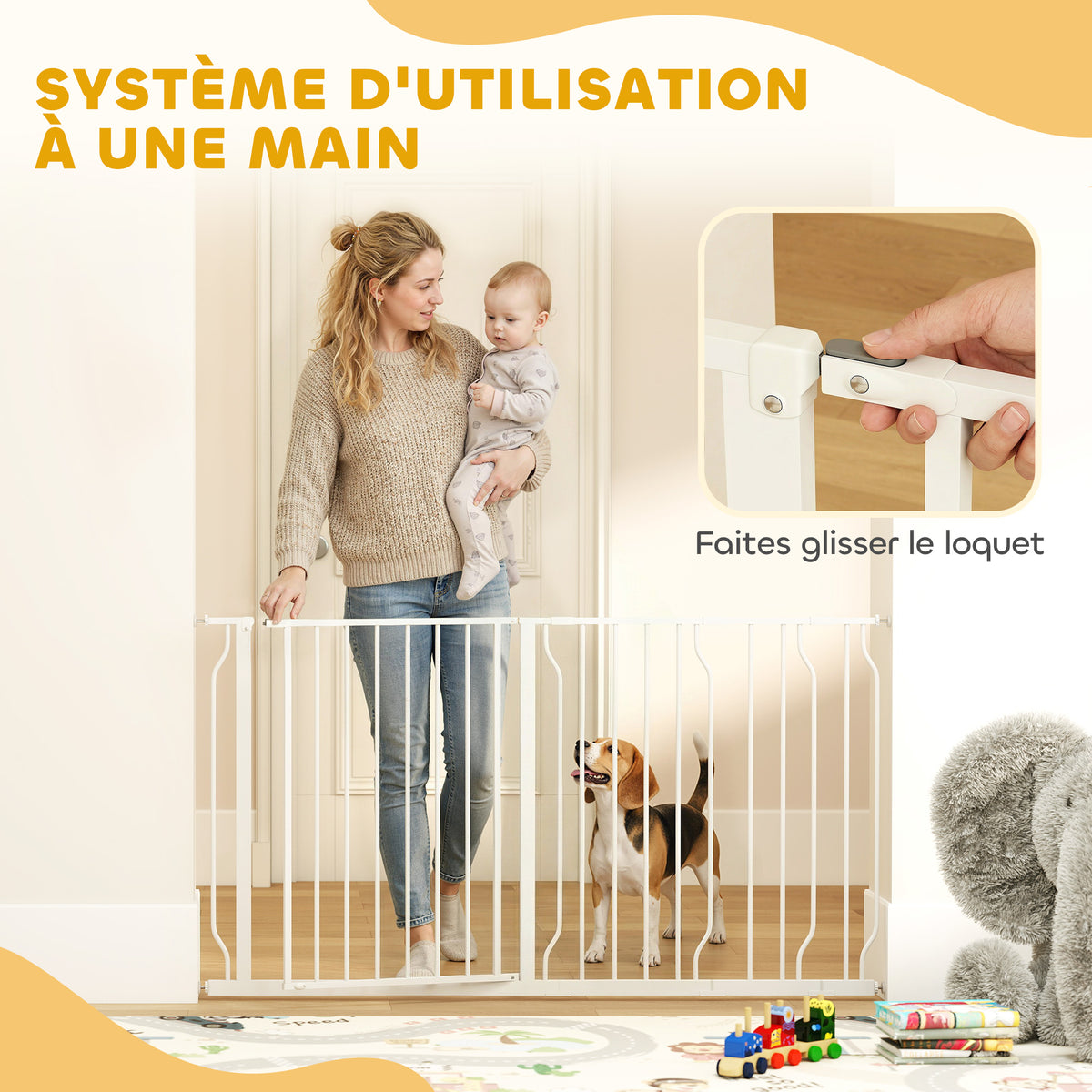 Barrière de sécurité chien barrière extensible 75-145 x 76 cm barrière escaliers couloirs portes sans perçage en acier et ABS blanc