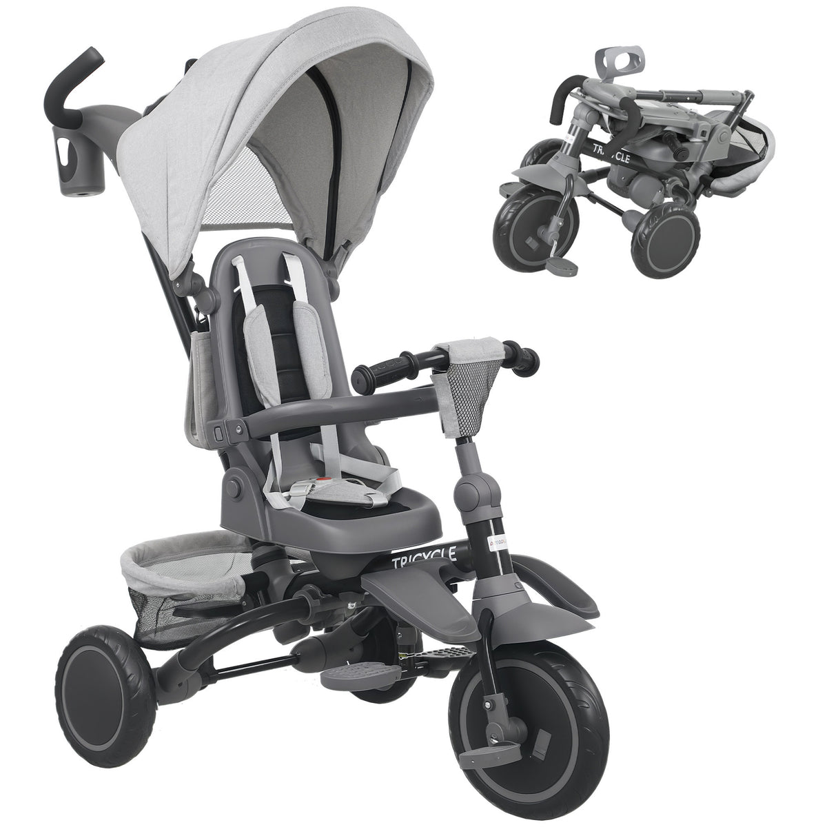 Tricycle bébé évolutif 6 en 1, tricycle enfant pliable avec poignée parentale réglable, siège pivotant 360°, gris