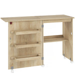 Table de couture pliante meuble couture à abattant avec bacs de rangement, étagère ouverte et roulettes, bois naturel