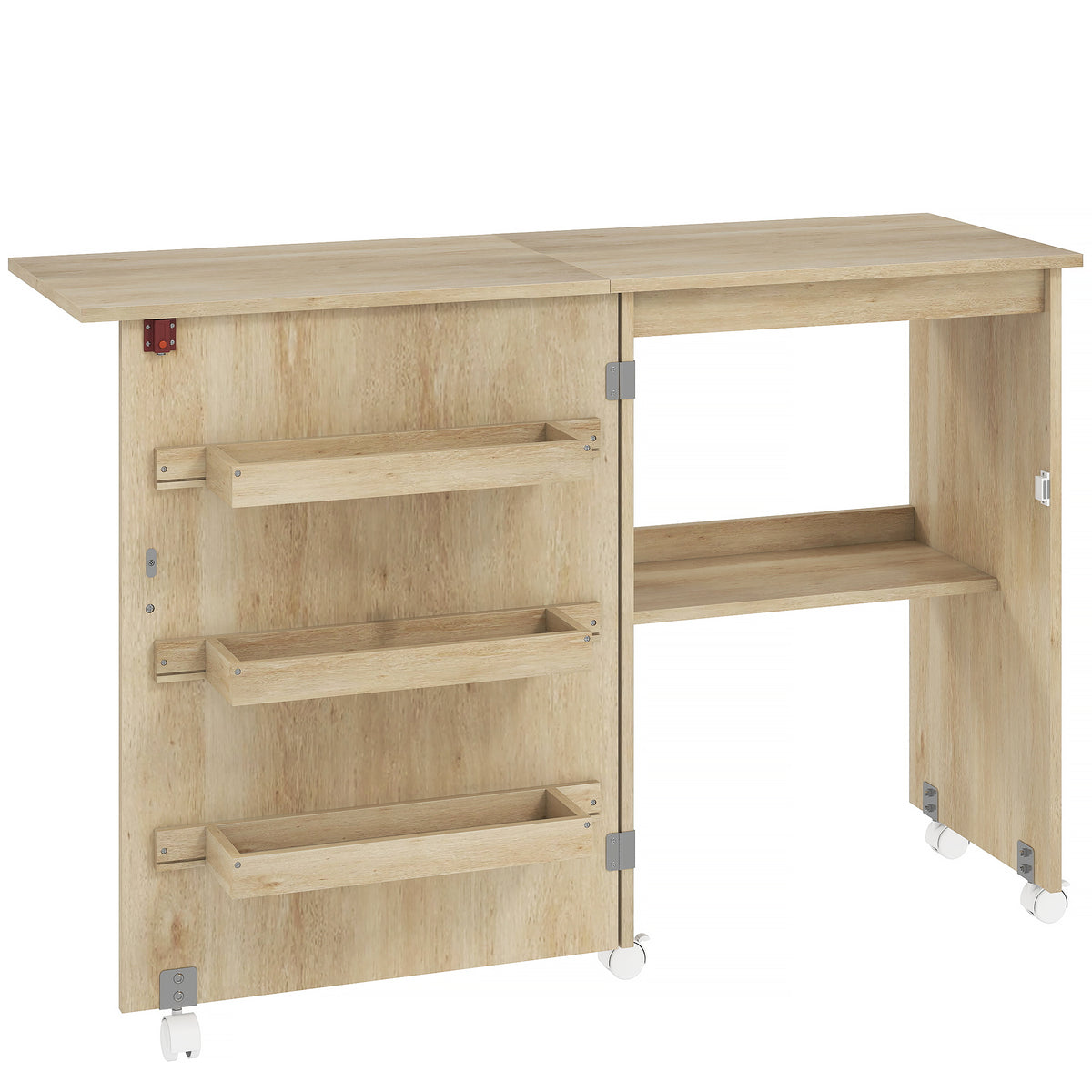 Table de couture pliante meuble couture à abattant avec bacs de rangement, étagère ouverte et roulettes, bois naturel