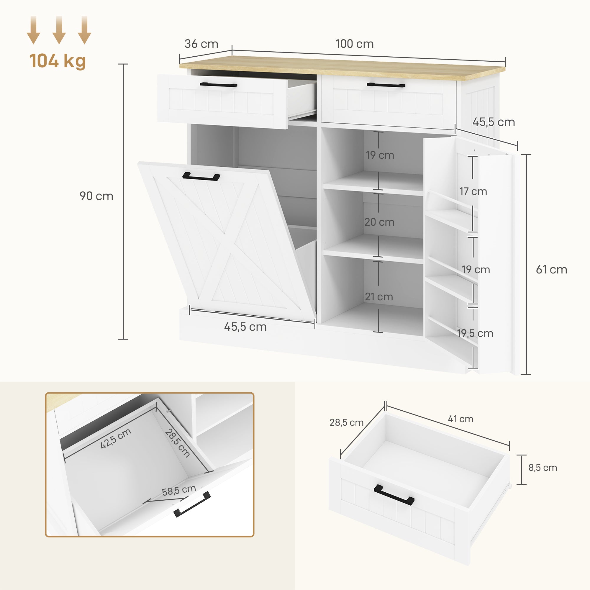 Küchenbuffet mit 38L-Mülltrennsystem, Küchenschrank, 2 Schubladen, Gewürzregal und Arbeitsplatte, Weiß