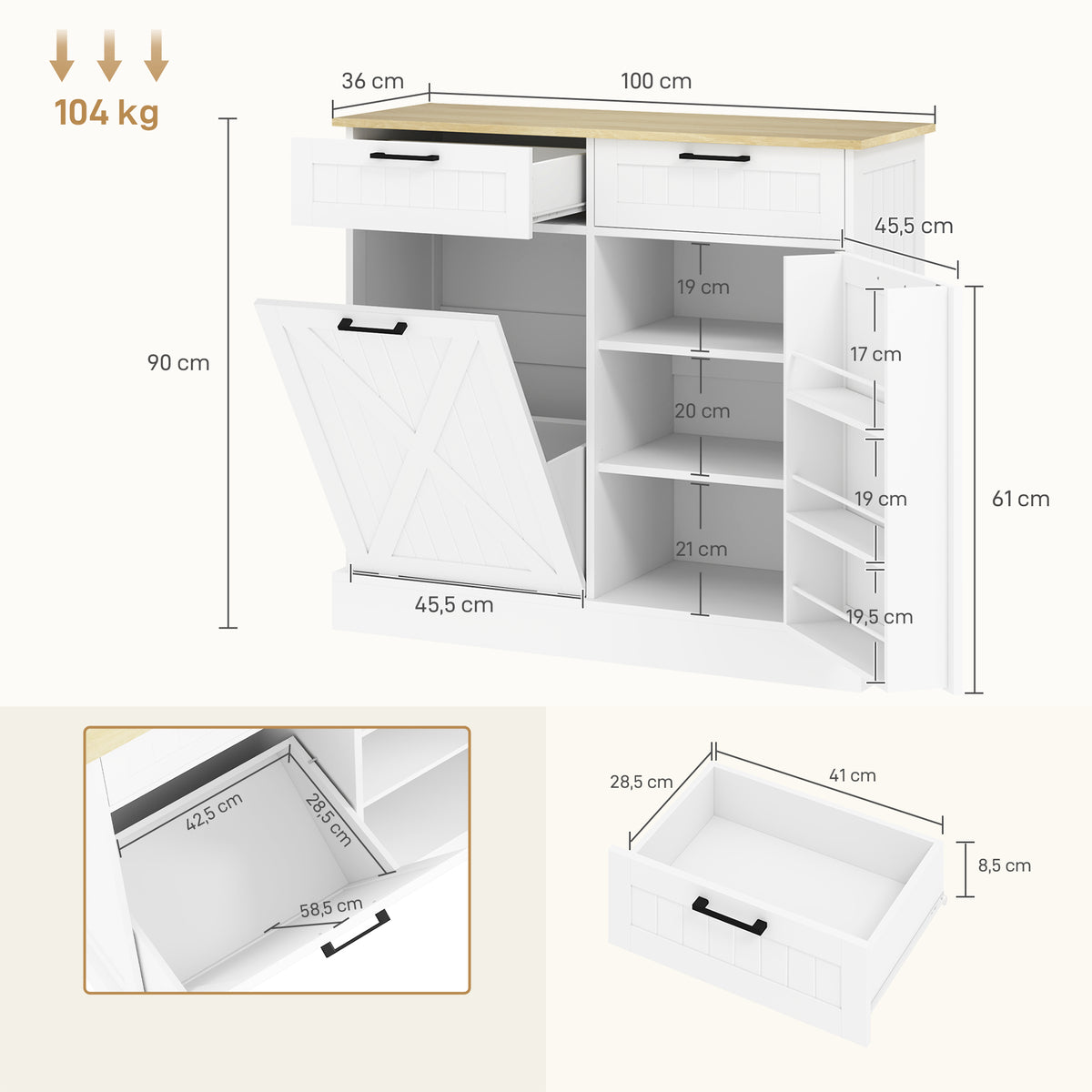 Credenza da cucina con mobiletto per pattumiera da 38L, mobile da cucina, 2 cassetti, portaspezie e piano di lavoro, bianco