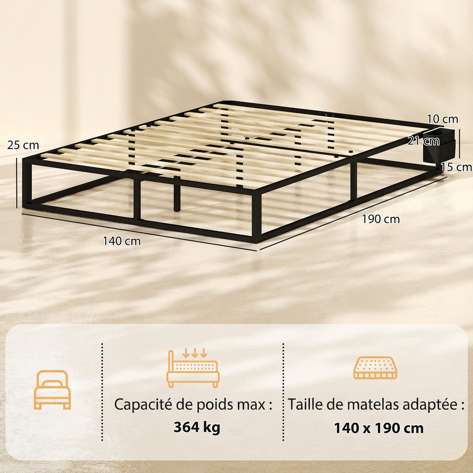Cadre de Lit 140 x 190 cm avec Sommier, Lit Double avec Pochette de Rangement, Support à Lattes en Bois, Noir