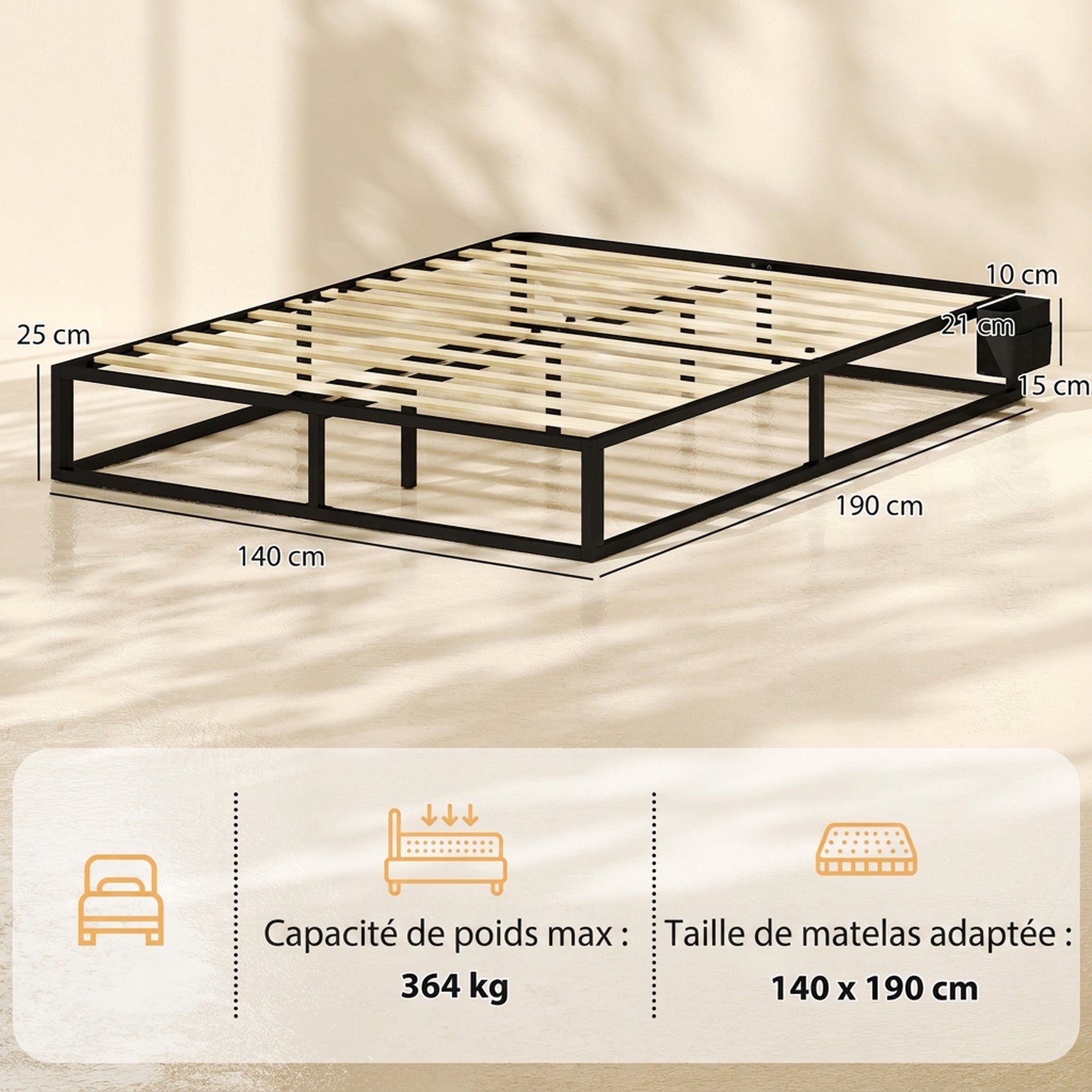 Cadre de Lit 140 x 190 cm avec Sommier, Lit Double avec Pochette de Rangement, Support à Lattes en Bois, Noir