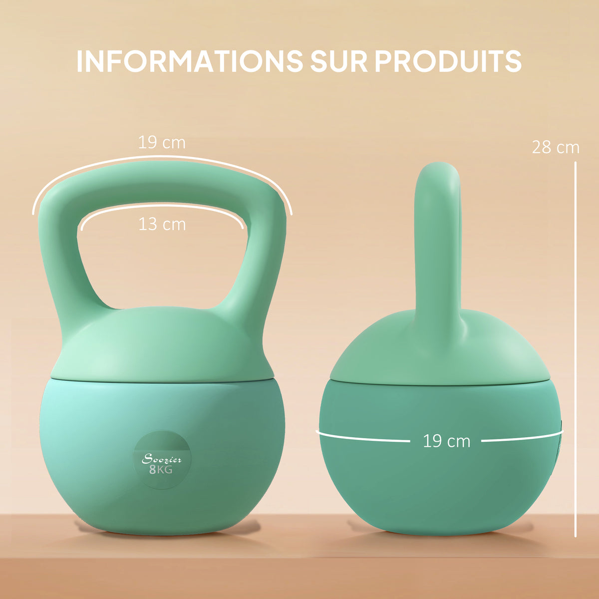 Kettlebell 8 kg, mit rutschfestem Griff, für Fitness, Krafttraining, Cardio, 19 x 19 x 28 cm, grün