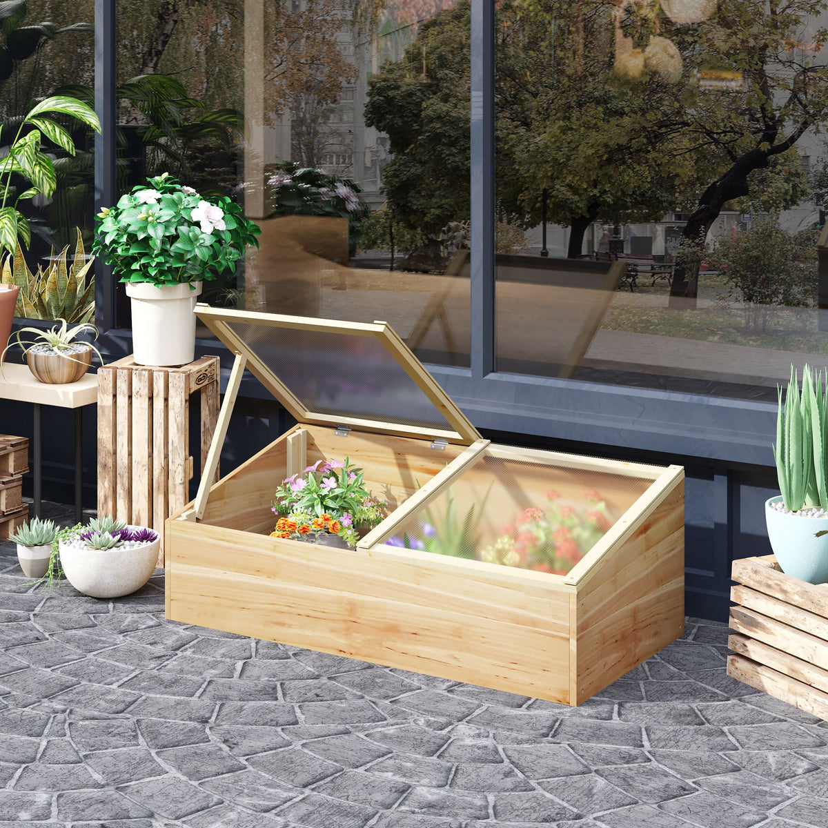 Mini Serre de Jardin Serre pour semis dim. 100L x 50l x 36H cm Toit 2 pans ouvrables séparemment Panneaux de Polycarbonate Bois Sapin pré-huilé