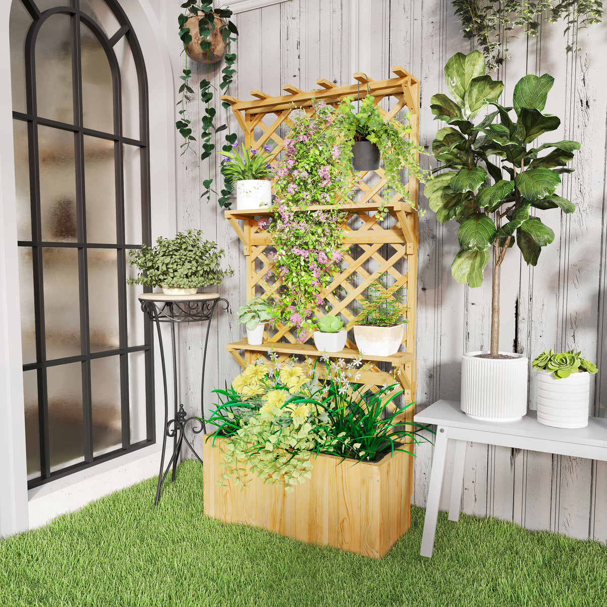 Jardinière avec treillis lit surélevé de jardin en bois avec toit suspendu, trous de drainage et doublure, naturel