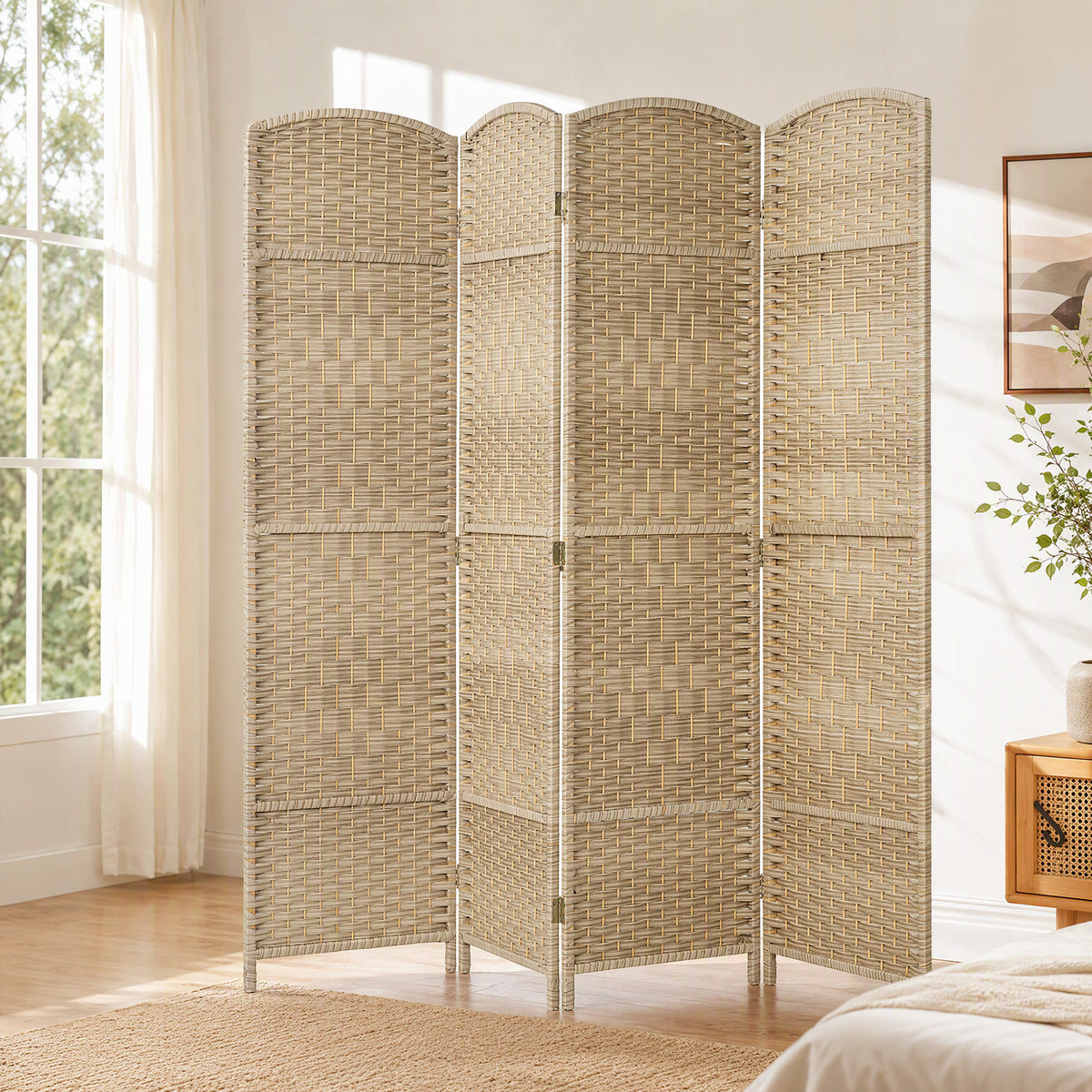 Biombo interior de madera de 4 paneles, separador de ambientes plegable para salón y dormitorio, 180 x 180 cm, roble