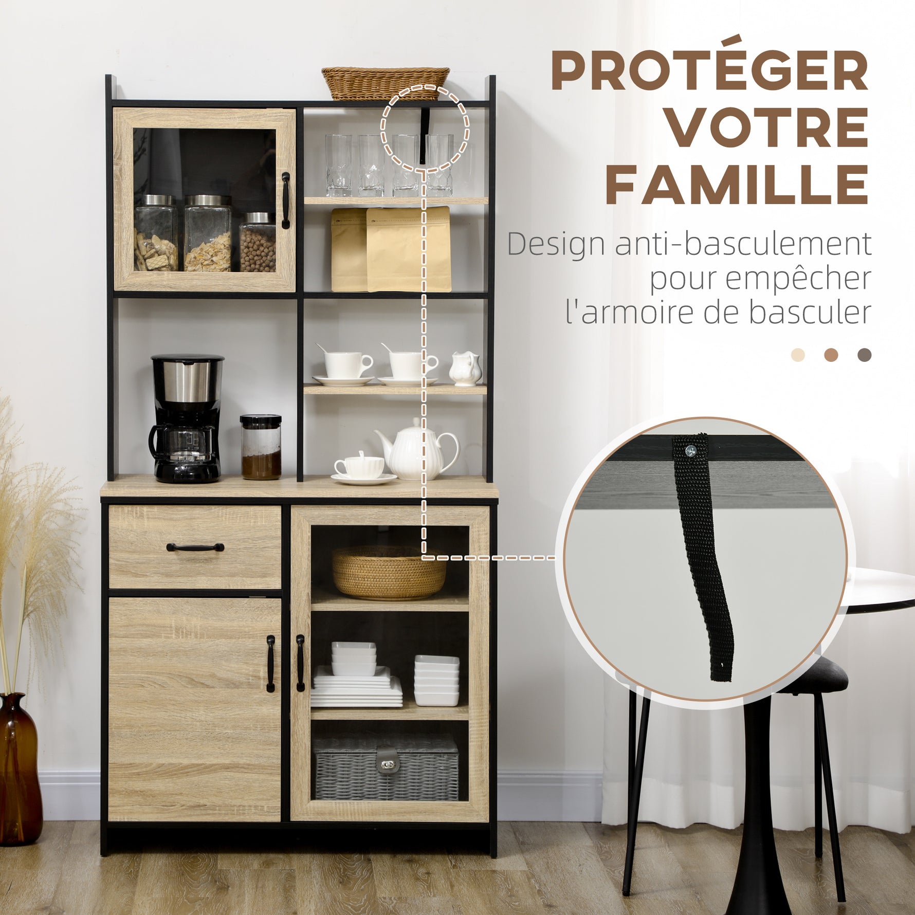 Armoire de cuisine buffet haut avec 1 tiroir 3 placards étagères 2 portes vitrées 90 x 39 x 177 cm noir naturel