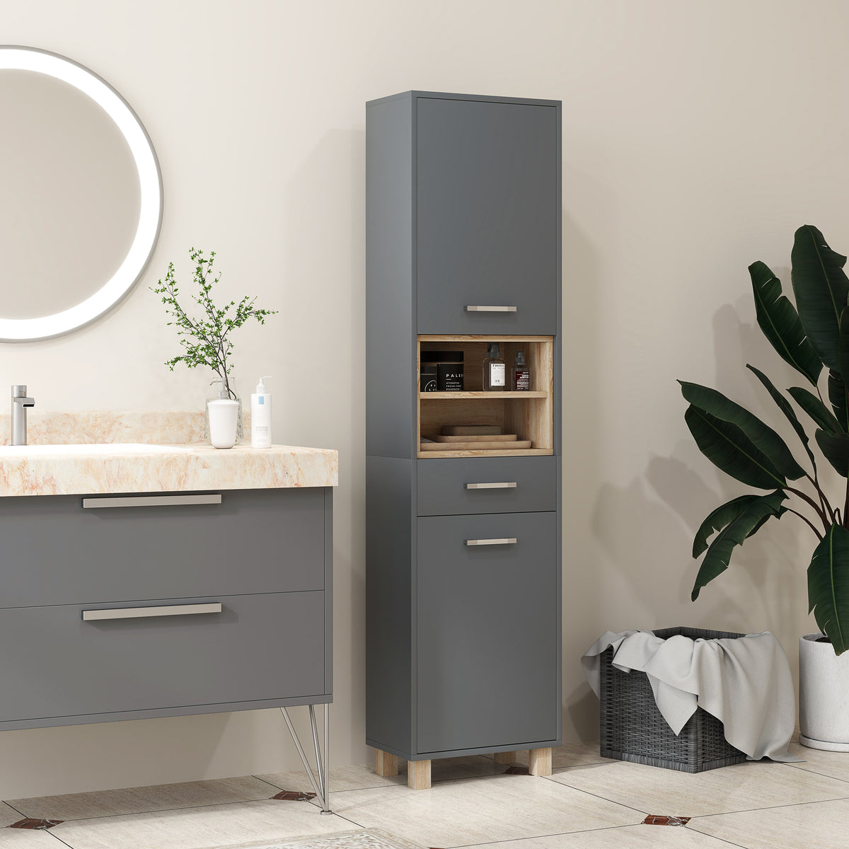 Colonne salle de bain, meuble salle de bain rangement avec 2 placards, tiroir et 2 compartiments ouverts, gris