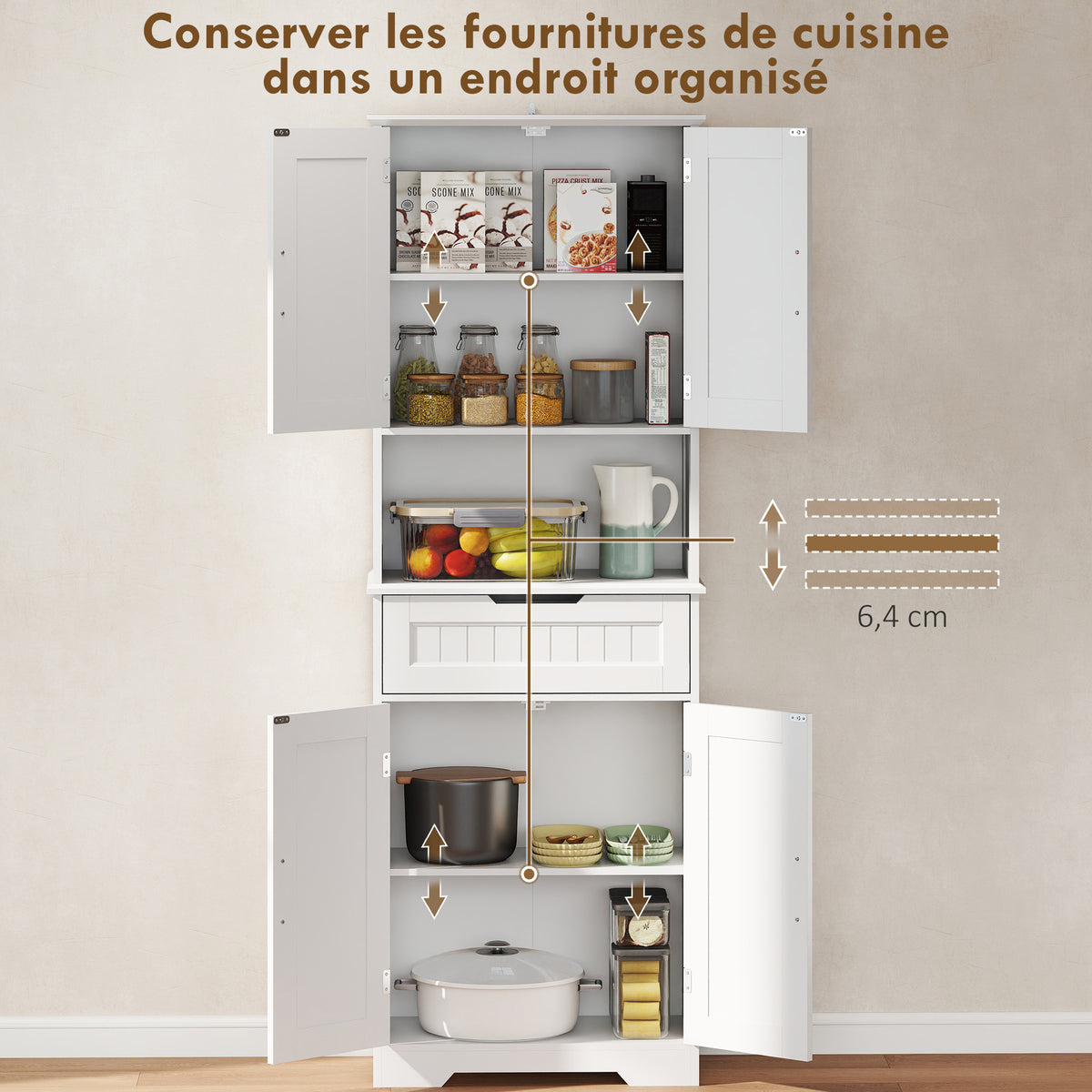 Buffet cuisine, armoire de cuisine avec 4 portes, tiroir, compartiment ouvert et étagères réglables, 60x30x172cm, blanc