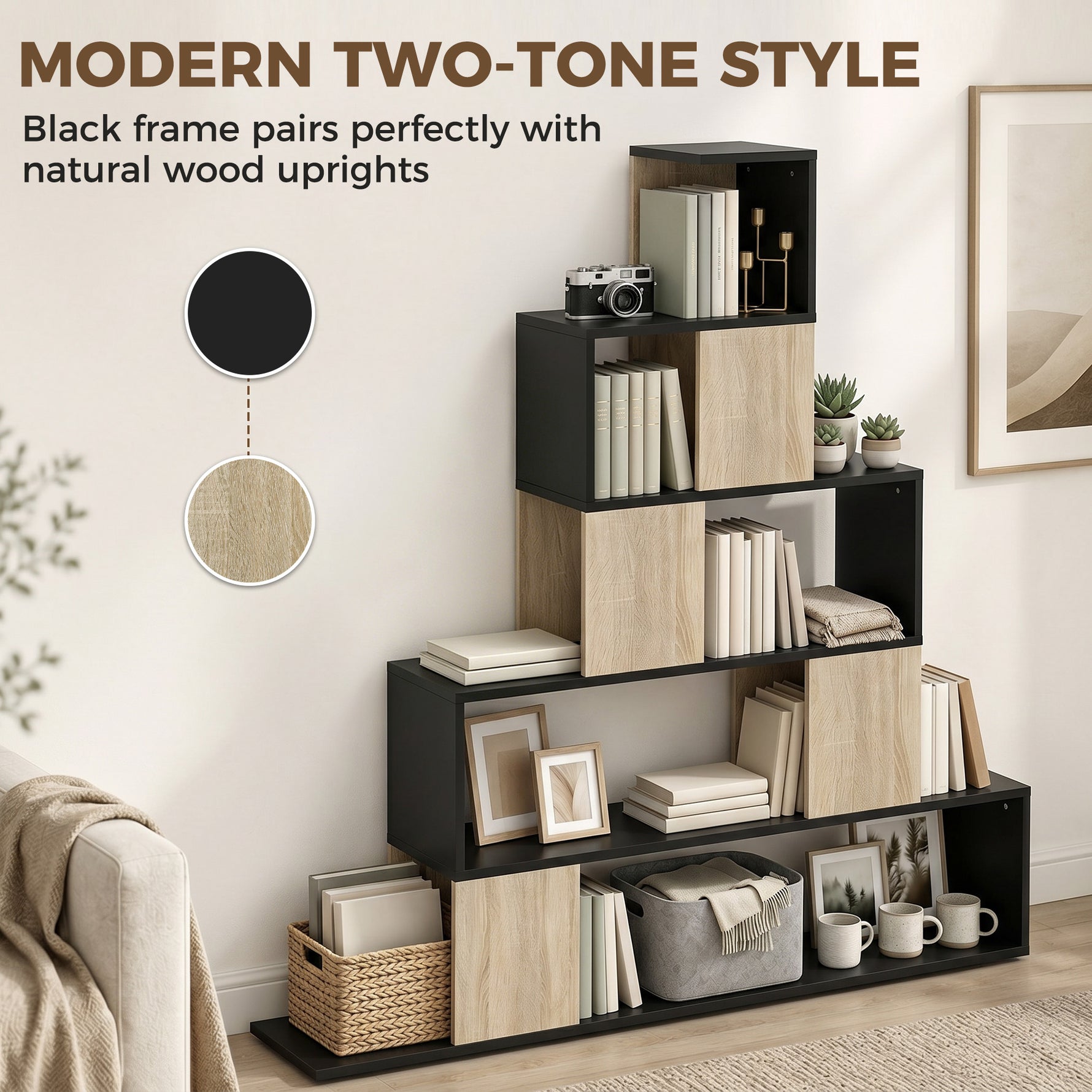 Étagère de rangement, bibliothèque géométrique à 5 niveaux, pour bureau, salon, chambre, noir et bois naturel