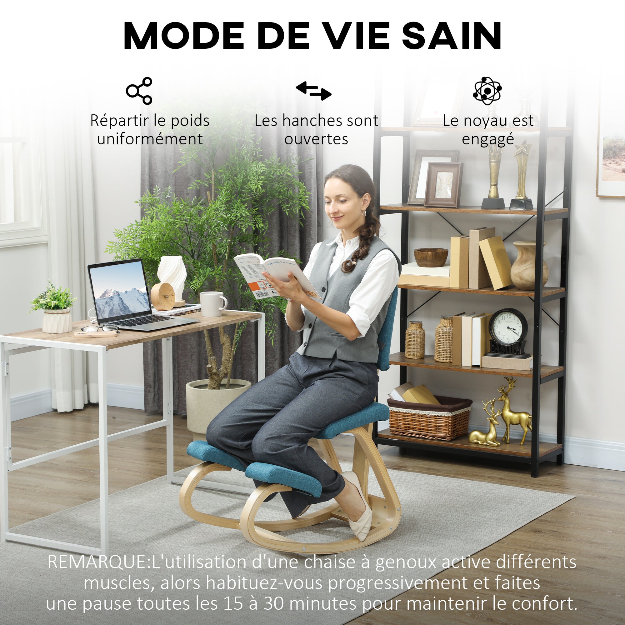 Chaise à genoux ergonomique avec dossier, siège assis genoux à bascule, correcteur de posture 51x84x93cm bleu foncé