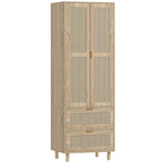 Schlafzimmerschrank mit 2 Rattantüren, 2 Schubladen und Kleiderstange, 63 x 47 x 185 cm, Naturholz