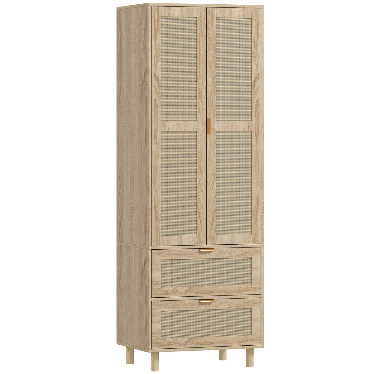 Schlafzimmerschrank mit 2 Rattantüren, 2 Schubladen und Kleiderstange, 63 x 47 x 185 cm, Naturholz