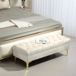 Banc banquette capitonnée bout de lit style classique chic dim. 118L x 45l x 42H cm piètement métal doré velours beige