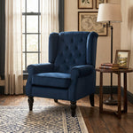 Fauteuil de salon capitonné avec assise large, pieds en bois, style classique, grand confort, 74x86x102cm, bleu foncé